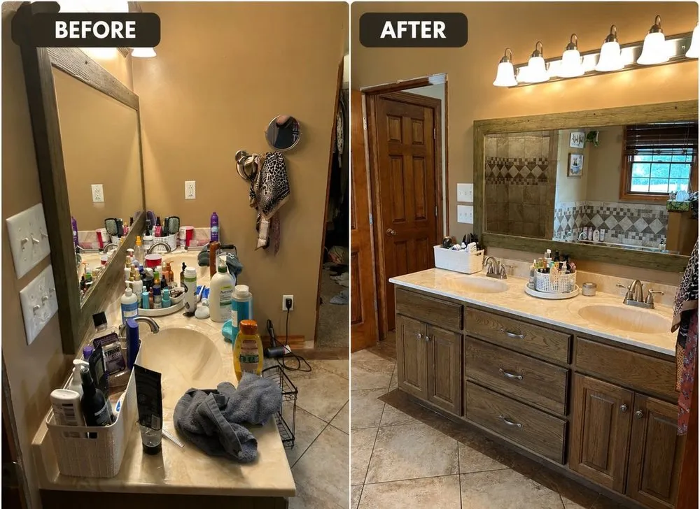A bathroom vanity crowded with bottles before, cleared and wiped down after