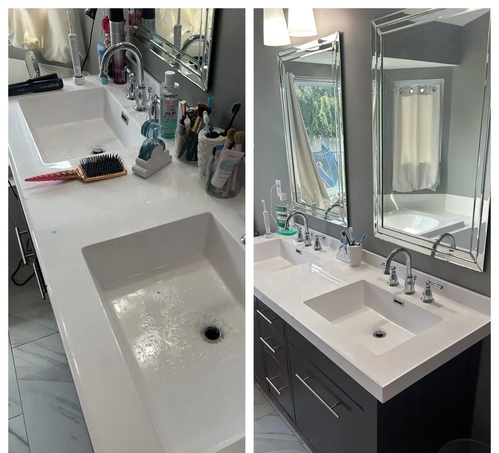 A double vanity covered in brushes and products before, clear counter and polished basin after