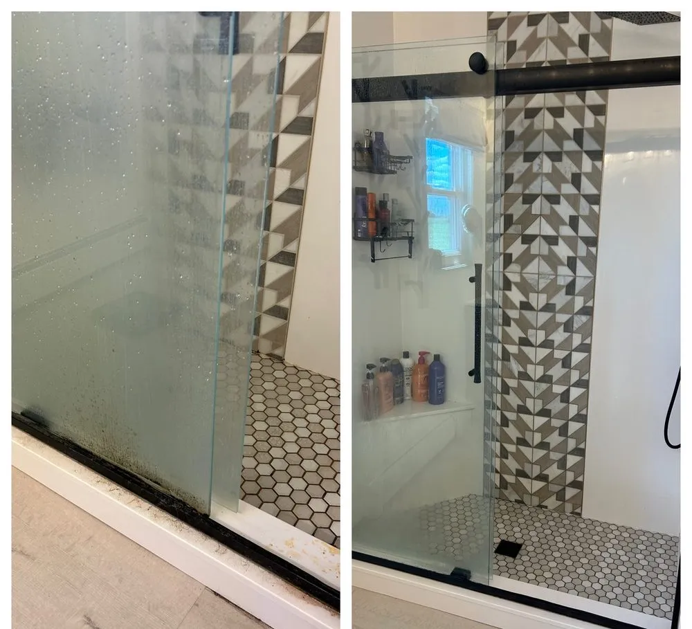 Black build-up along a shower door track before, clean glass and tile after