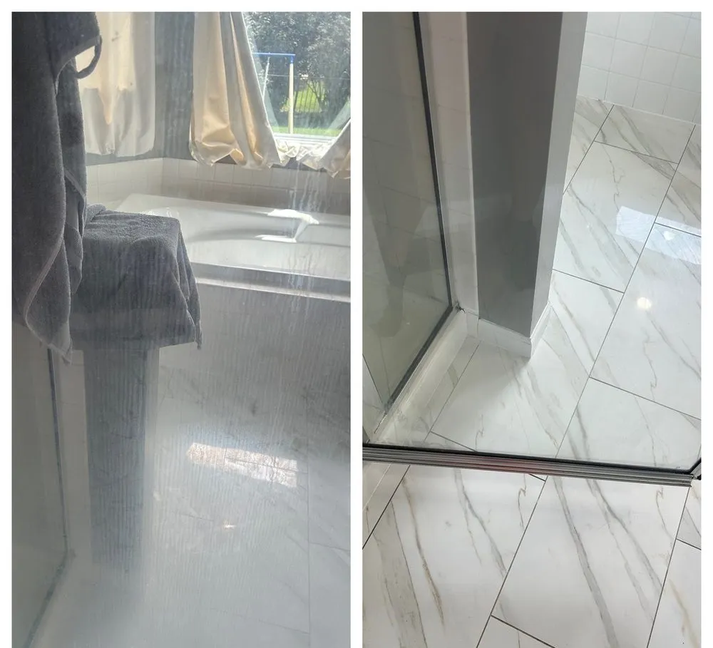 A shower screen and tiled floor before cleaning, and streak-free after