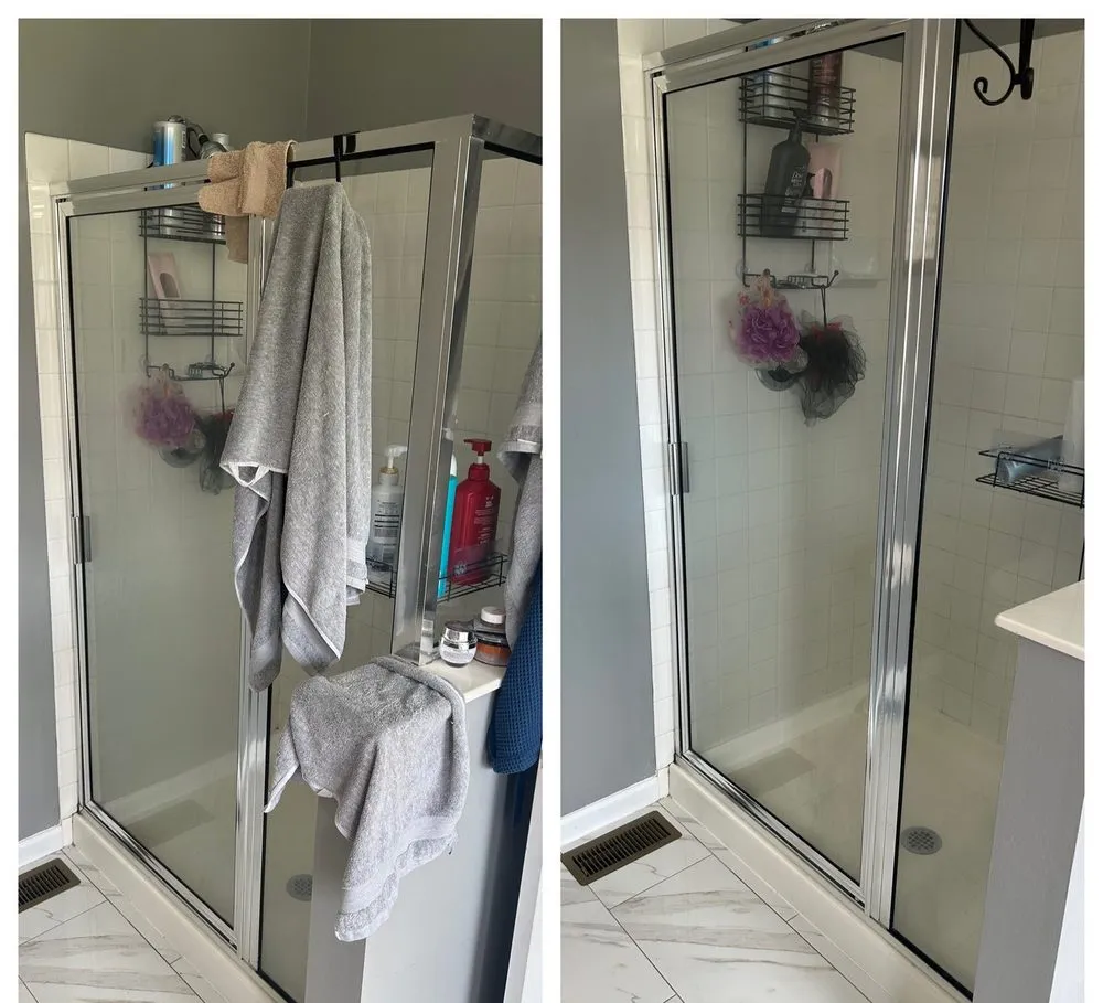 A shower stall hung with towels and bottles before, tidied and wiped down after
