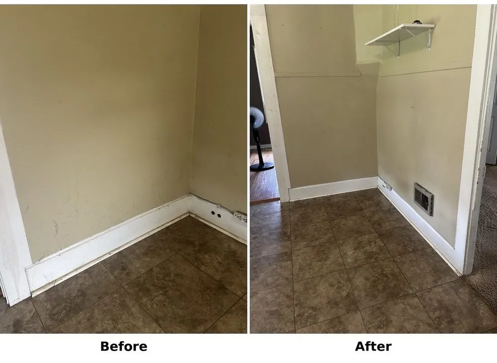 Dust and debris gathered along a baseboard corner before, and a clean floor after