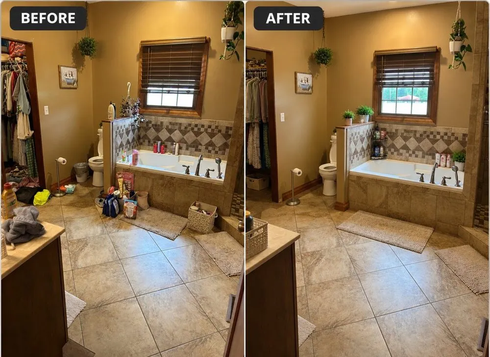 A full bathroom cluttered and dull before, tidy and gleaming after a deep clean