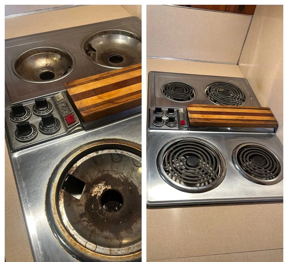 Stove burners and drip pans caked with burnt-on grease before, and bare metal after