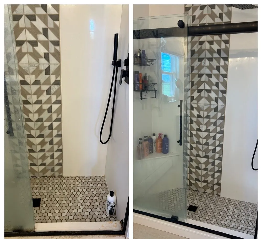 Shower glass clouded with hard water before, and clear after