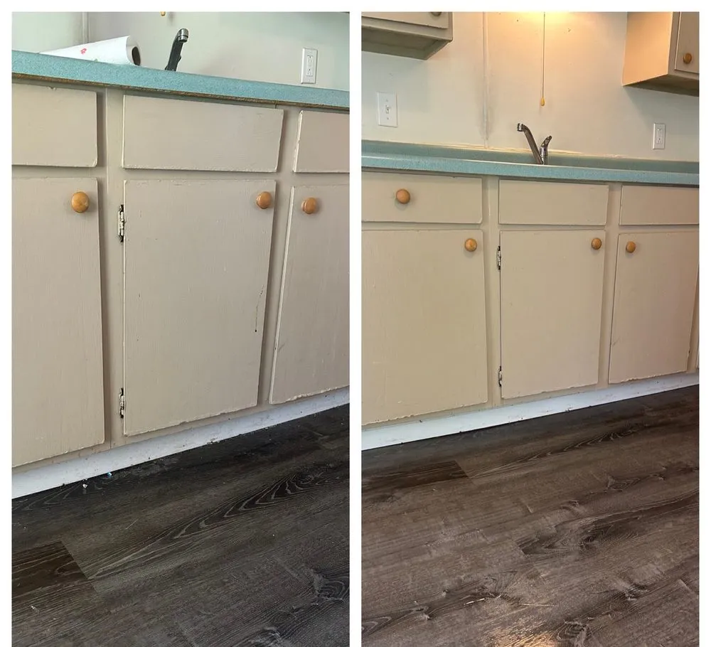 Kitchen cabinet doors and the floor beneath them before and after cleaning