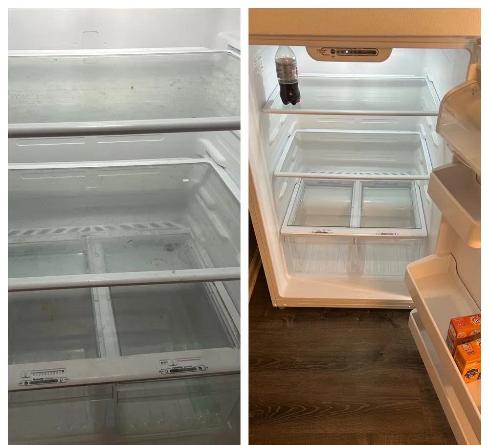 The inside of a refrigerator with spills before, and clean shelves after