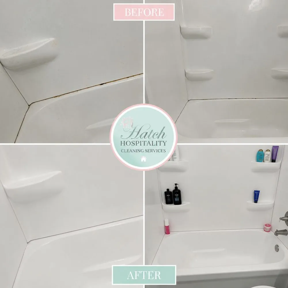 A tub surround with staining along the seams before, and bright white after