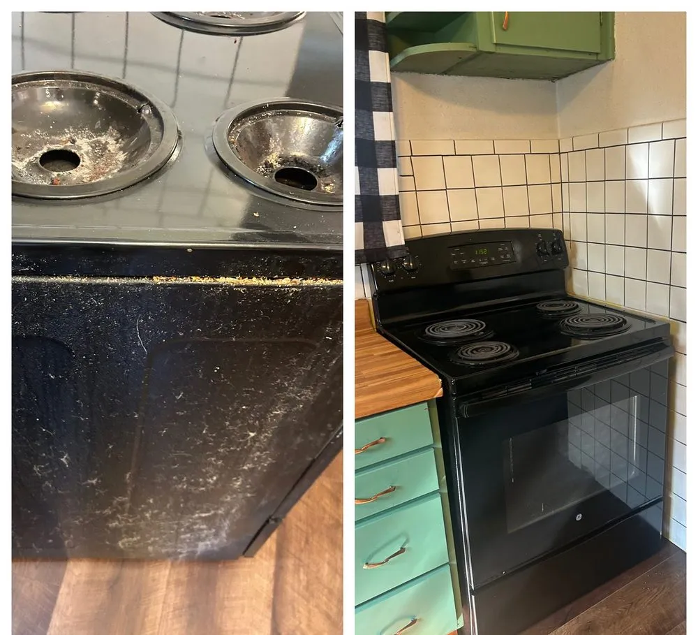 A black cooktop covered in crumbs and spills before, wiped clean after