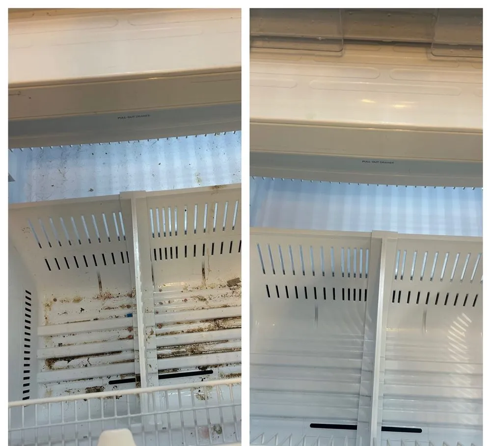 Refrigerator shelves stained with spills before, and spotless after